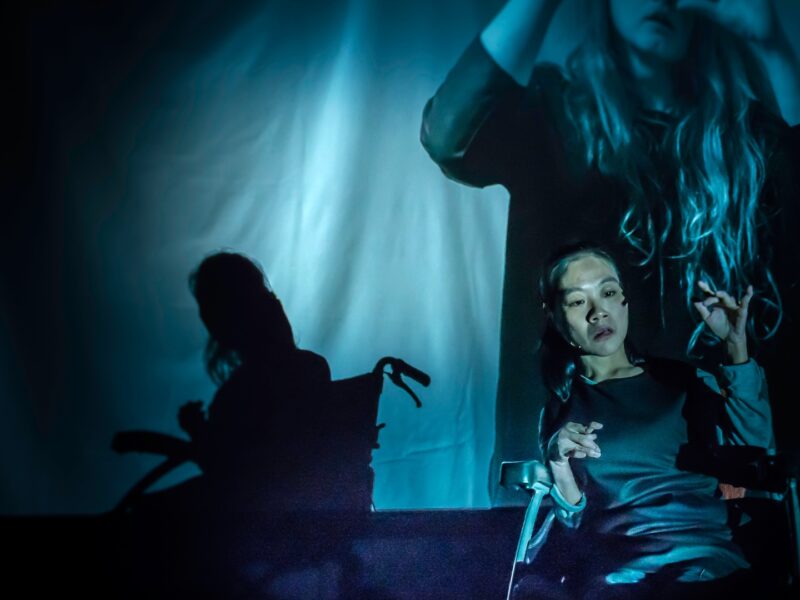 A performer is in the spotlight onstage, gesturing with their arms. They’re a wheelchair user. Projected on a backdrop is another person also gesturing with their hands.